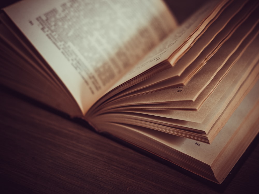 libro aperto su superficie in legno marrone