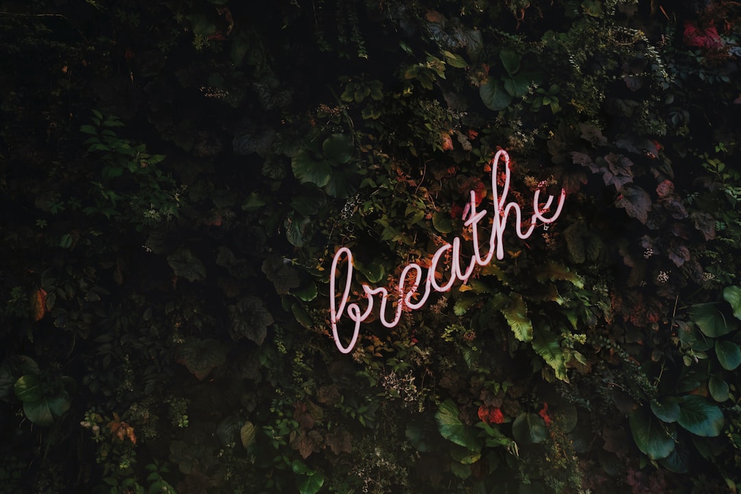 breathe in pink neon against ivy wall