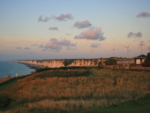 A coastal landscape featuring white cliffs extending along the horizon, with a grassy field in the foreground. Several wind turbines are positioned near a few scattered buildings, and the sky is warm with scattered clouds during what appears to be sunset.