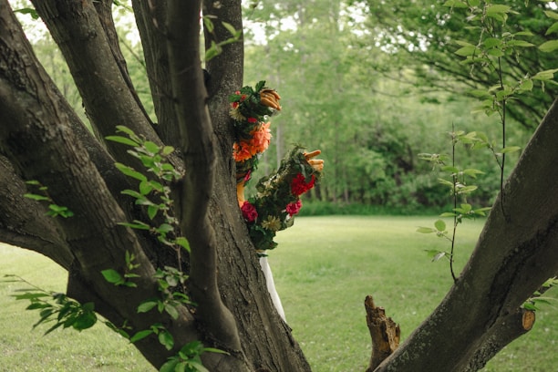 A tree trunk in the foreground with green leaves and a vibrant floral wreath wrapped around it, set in a lush green park environment.