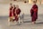 Several young monks dressed in maroon robes stand together on a dusty ground, accompanied by two street dogs. The expression of the monks appears serene and joyful as they interact calmly with the dogs. The scene suggests a rural or monastic setting.