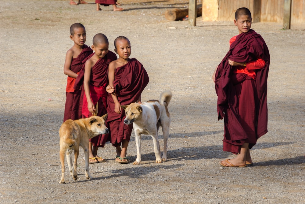 four boys wearing red thobes with two dogs on road