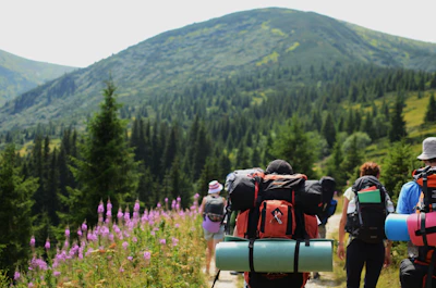 group of people carrying hiking bags walking on hilltop during daytime