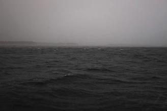 Swirling black ocean whirlpool under a cloudy twilight sky, no land in sight.