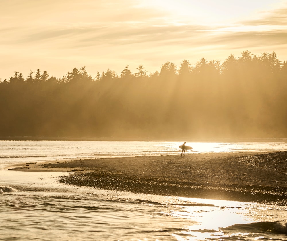 person holding surfboard near body of water