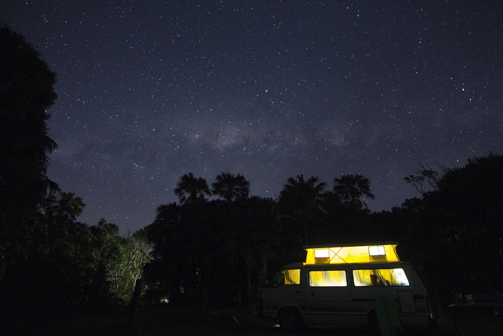 allumé les lumières de la maison près des arbres