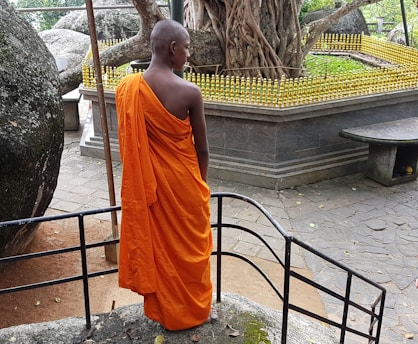 A person wearing an orange robe stands near a large tree with complex roots. The area is enclosed with a railing and small golden decorations. The setting appears to be a place of significance, possibly spiritual or cultural. The surroundings include rocks and paved stones.