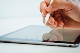 A user interacting with a sleek web application on a tablet.