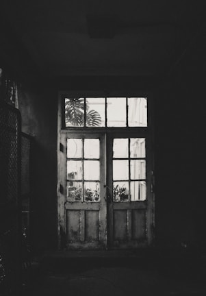 grayscale photo of wooden framed clear glass door