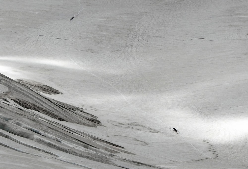 Fotografía aérea de personas caminando en el campo de la montaña con nieve