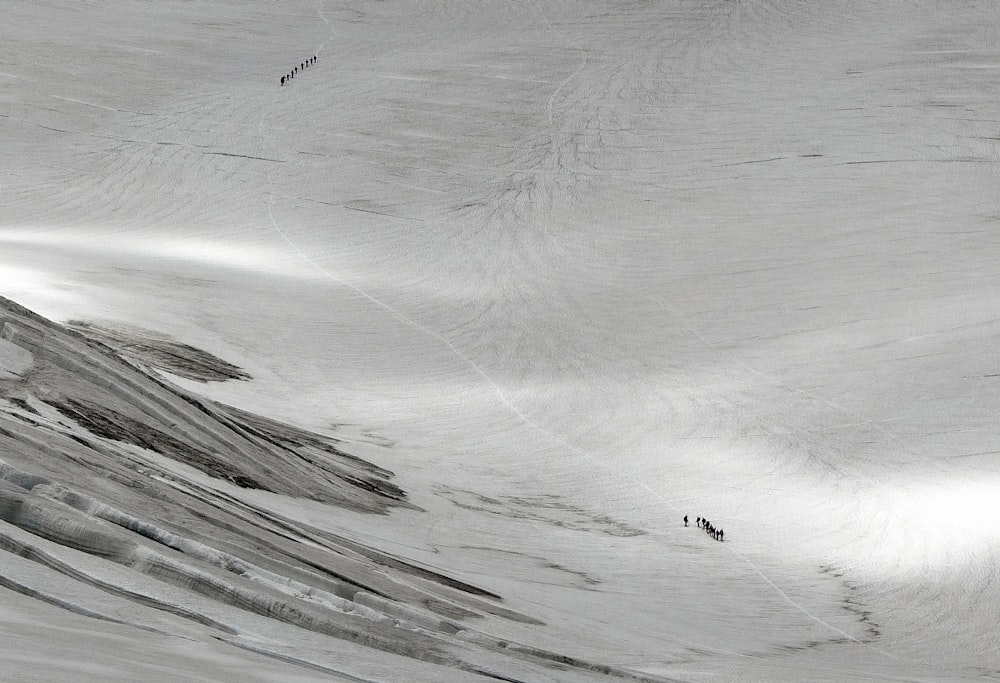 aerial photography of people walking on mountain field with snow