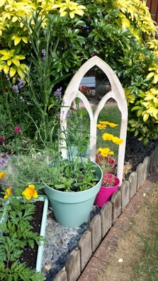 A small garden area features a mixture of vibrant plants and flowers, including yellow and purple blooms. There is a decorative, arched mirror placed among the foliage, creating the illusion of more space. The scene includes several pots in different colors, contributing to the lively and colorful appearance of the garden. A wooden border outlines the plant bed, and a patch of grass is visible nearby.
