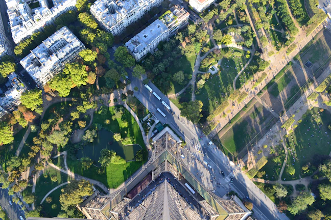 Overhead shot of a green park area within a residential complex