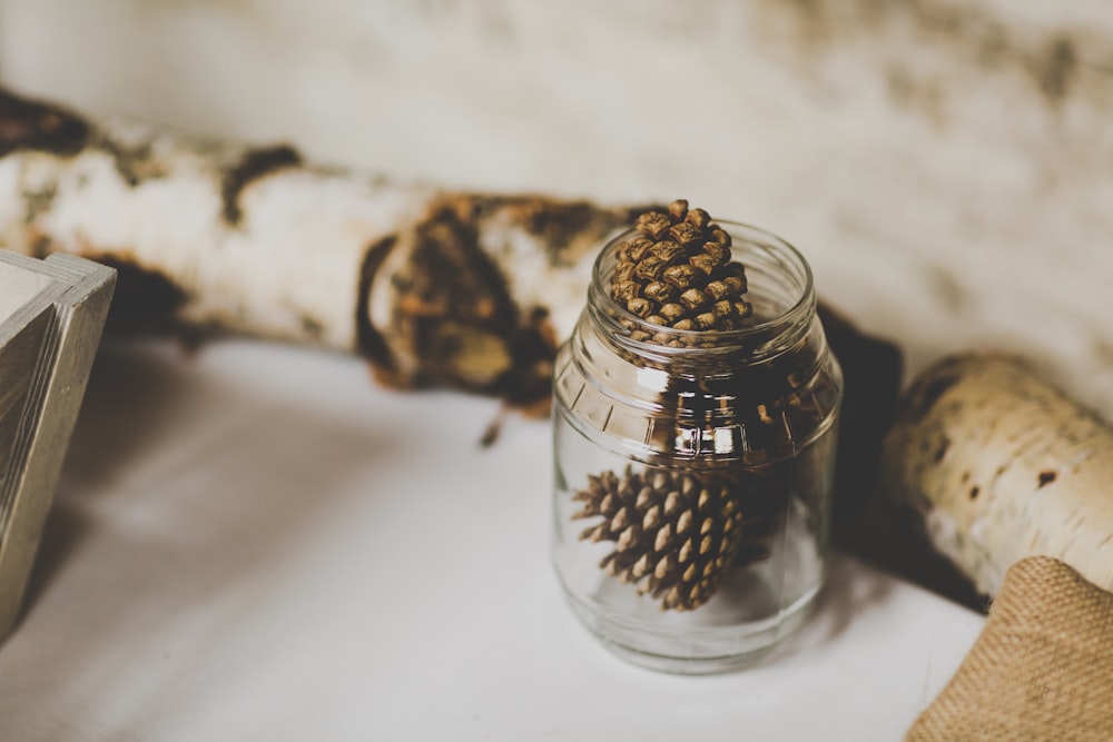 pine cones in clear glass jar in macro photography