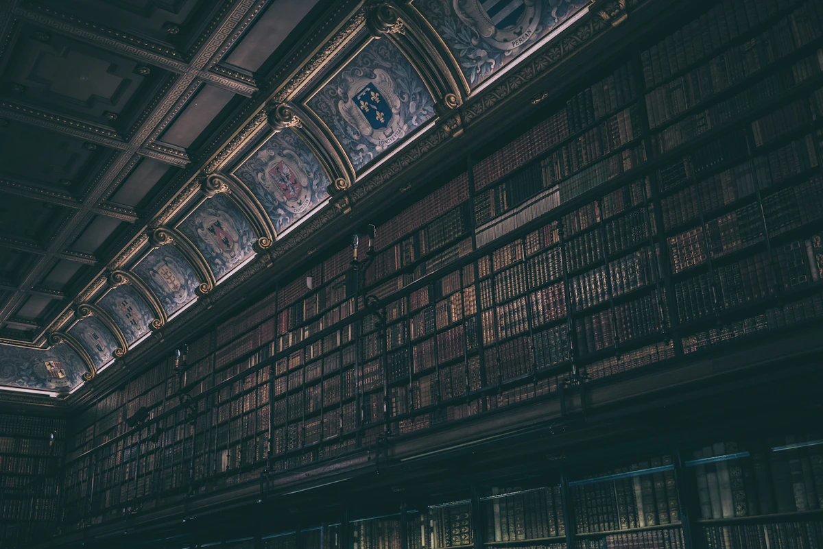 Editorial photograph: archival feeling, a woman looking at a bookshelf or out of a window, contemplative.