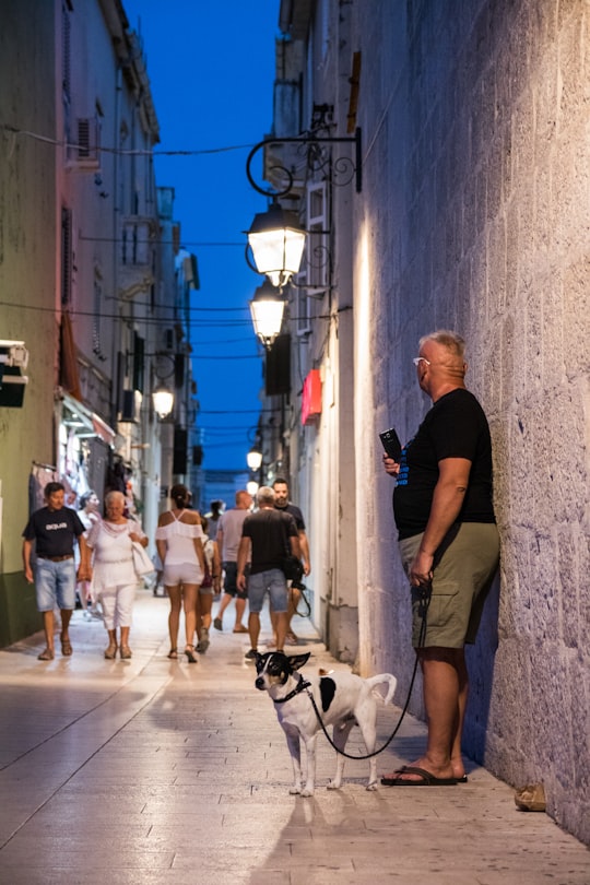 man in black crew neck t-shirt and brown cargo shorts standing beside white and black in Pag Croatia