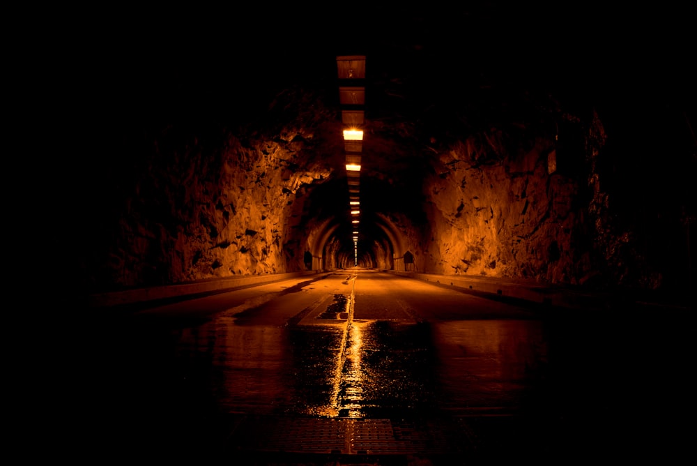 brown tunnel with lights