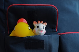 A rubber duck and a small giraffe toy are nestled in the compartments of a dark fabric bag with red stitching.
