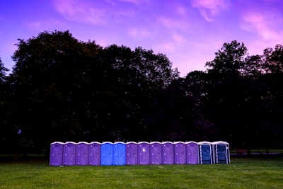 A row of portable toilets stands on a grassy field with a backdrop of large trees. The sky above is filled with vibrant colors from a sunset or sunrise, featuring shades of purple and pink.
