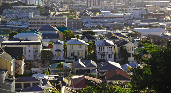 A vibrant South African neighborhood with new buildings blending into natural surroundings.