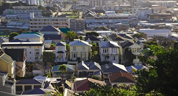 A densely packed residential area with a variety of houses surrounded by greenery, set against a backdrop of taller buildings and urban infrastructure. The scene includes modern architecture with colorful rooftops and a mix of older colonial-style houses.