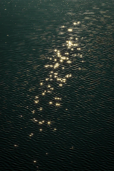 Sunlight reflecting as bright star-shaped glints on dark rippling water
