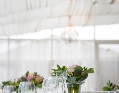 clear long-stem wine glasses on table