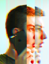 A young person with short hair is holding a smartphone to their ear, depicted with a creative glitch effect that multiplies and distorts their facial features and the phone. The image has a colorful overlay that creates a dynamic, abstract feel.