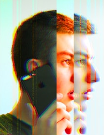 A young person with short hair is holding a smartphone to their ear, depicted with a creative glitch effect that multiplies and distorts their facial features and the phone. The image has a colorful overlay that creates a dynamic, abstract feel.