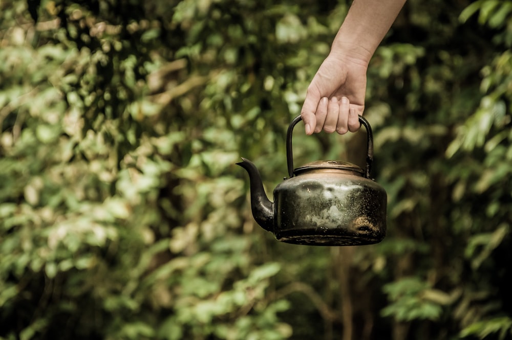 person holding black kettle