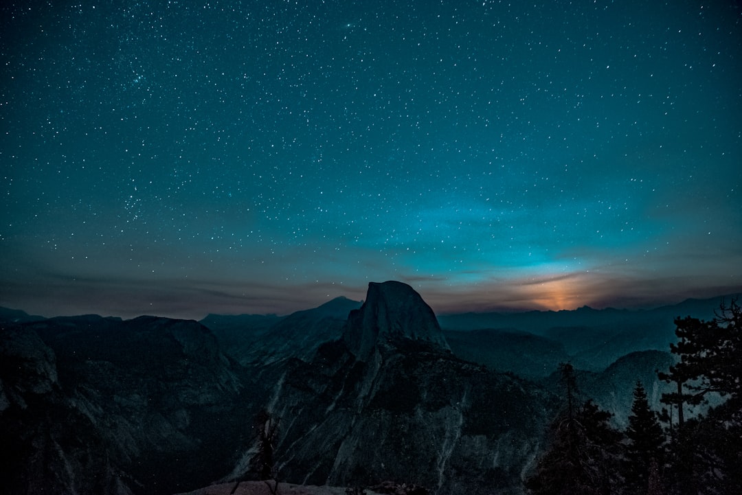 snow-covered mountain during a twilight sky, Moonrise over half dome