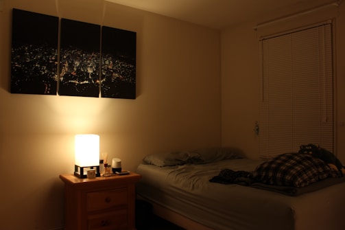 A dimly lit bedroom features a single bed with grey bedding and a plaid blanket. A wooden nightstand next to the bed holds a cube-shaped lamp emitting a warm glow, along with some small items. Three-part wall art depicting a cityscape at night is mounted above the bed. A window with closed blinds is situated on the right side of the room.