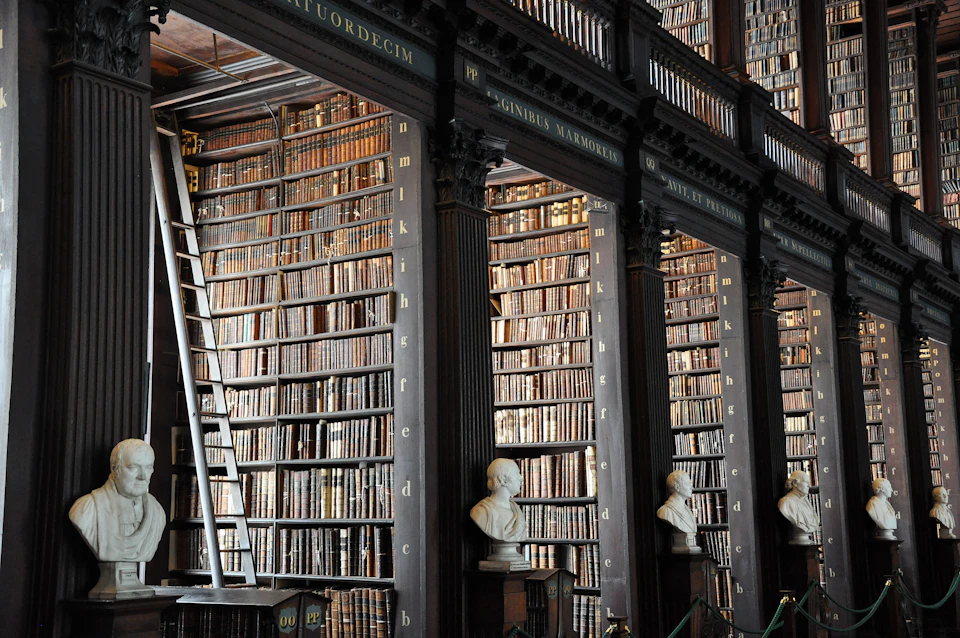 Tall dark wooden columns support arches across a grand library with numerous bookshelves