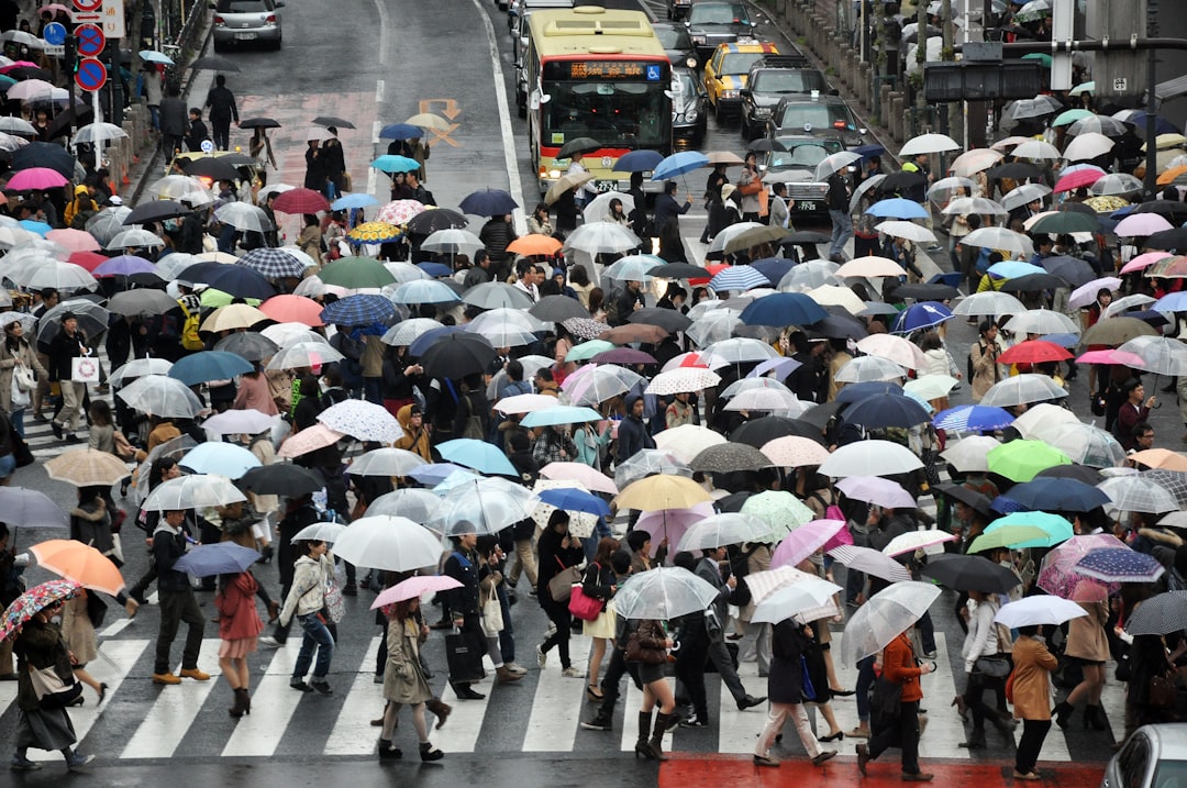 people using umbrella while crossing on road, Classical urban shot: the busiest crossroad in the world in Tokyo, Japan