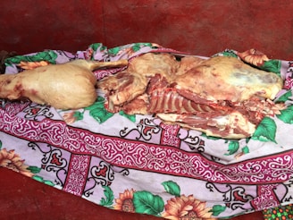 Close-up of fresh goat meat prepared for aqiqah with maroon and cream decorations.