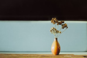 A simple ceramic vase holds dried flowers, set against a muted blue background. The vase sits on a wooden surface, creating a contrast between the smooth ceramics and the rustic texture of the wood.