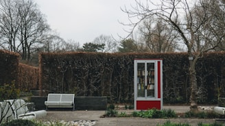A small outdoor library with a red and white frame stands in a well-maintained garden area. Leafless trees and trimmed hedges form the background, while white benches are arranged around the space. The scene has an overcast sky, and small plants and rocks decorate the ground.