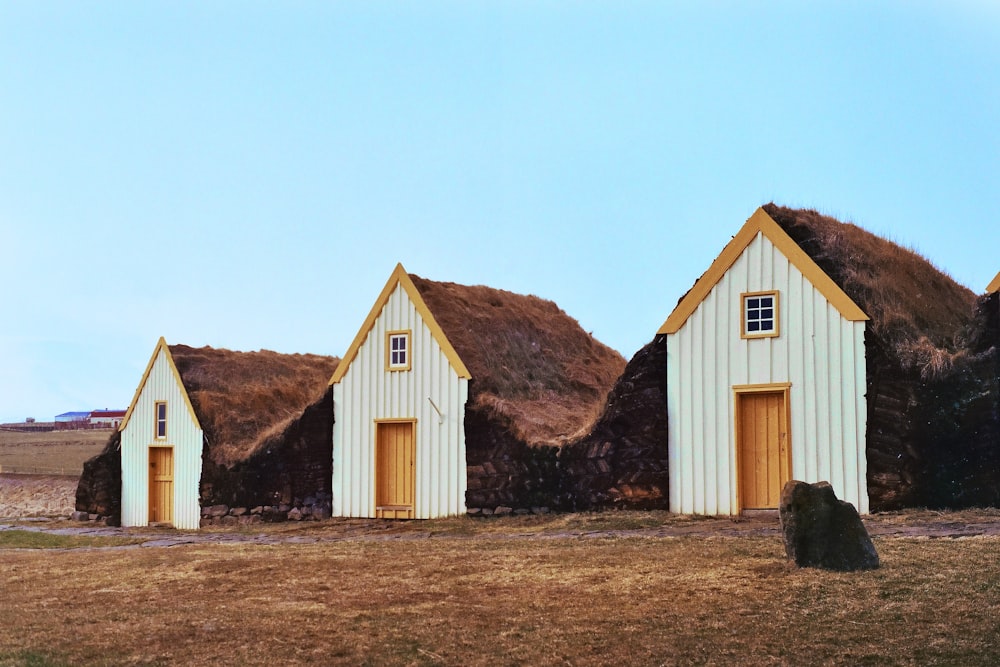 three white-and-brown houses