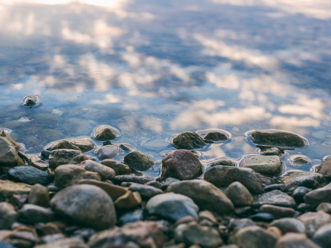 focus photography of stones near body of water