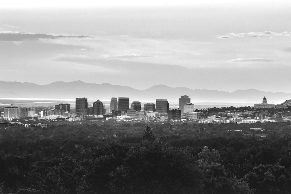 grayscale photo of city skyline