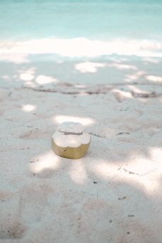 A single coconut lies on a sandy beach with gentle light and shadow patterns cast by overhead trees. The background features calm, turquoise ocean water creating a peaceful tropical scene.