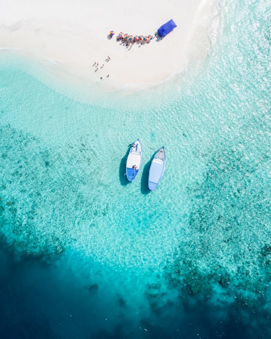 aerial view of two blue boats in Kaafu Atoll Maldives