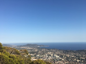 A panoramic view of a coastal city with green parks and clean waterfront.