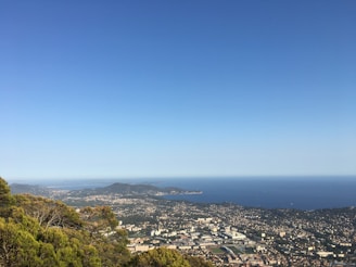 A panoramic view of a coastal city with green parks and clean waterfront.