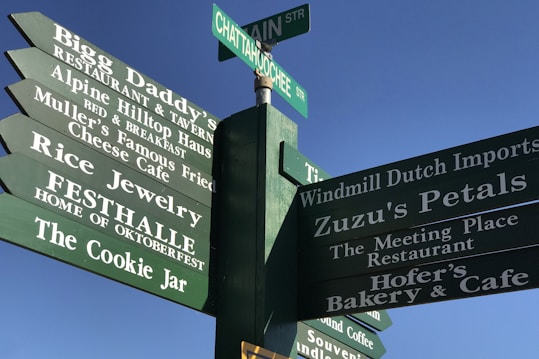 A green multi-directional signpost against a clear blue sky, displaying various local business names and street names. The names include restaurants, jewelry stores, and bakeries. The businesses are advertised with traditional fonts and are possibly in an area with a European or Bavarian theme.