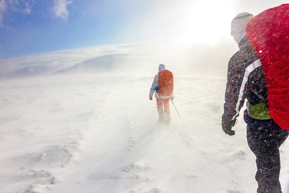 two men walking on snow under blue sky