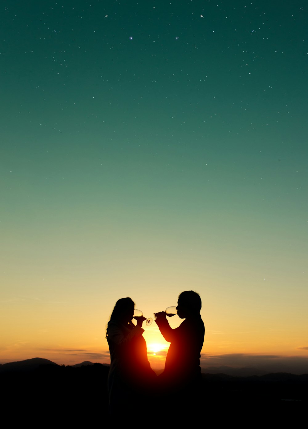 silhouette photo of man and woman holding wine glasses