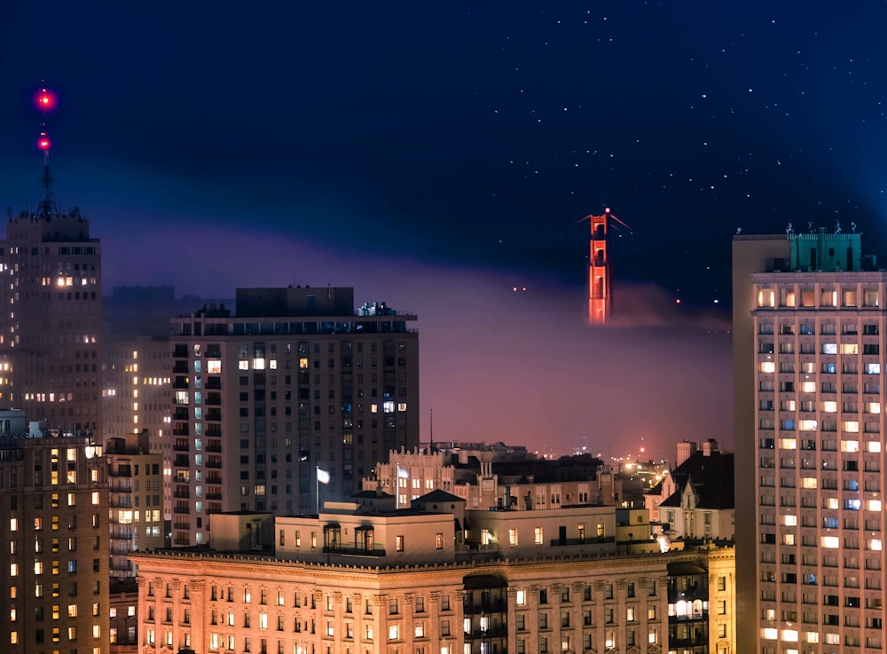 aerial photography of buildings buildings during nighttime