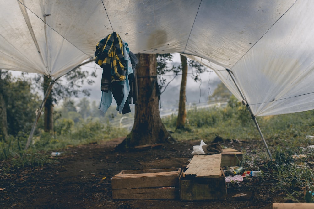 ropa colgada bajo una carpa blanca