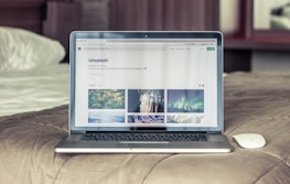 A laptop is open on a bed, displaying a website with nature-themed images. The bedspread is beige, and a wireless mouse sits nearby.